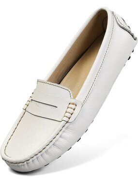 Women's White Leather Closed Toe low-heels Slip-Ons Walking Flats Boat Shoes
